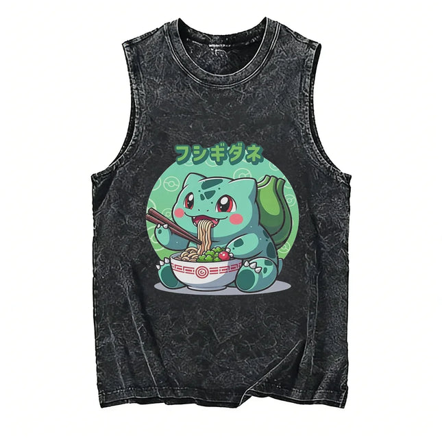 Vintage Washed Pokemon Gengar T Shirt Men Vest 2026 Summer Sleeveless Shirt Ramen Print Streetwear Loose Casual Men's Tank Top