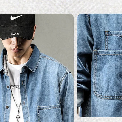 Retro American Style Long Sleeve Denim Workwear Shirt Jacket Men's Fashion Versatile Spring Outerwear Classic Look
