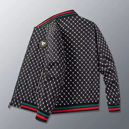 Men's Geometric Print Bomber Jacket Contrast Stripe Zip Up Varsity Baseball Coat