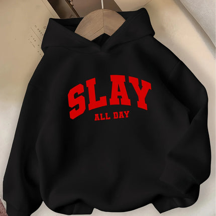 SLAY ALL DAY Hooded Sweatshirt Casual Long Sleeve Winter Pullover with Bold Lettering  Winter Clothes for Girls Comfortable Fit