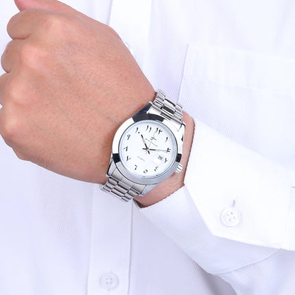 A quartz wristwatch with a stainless steel strap and personalized dial, equipped with a date display function. The simple and atmo