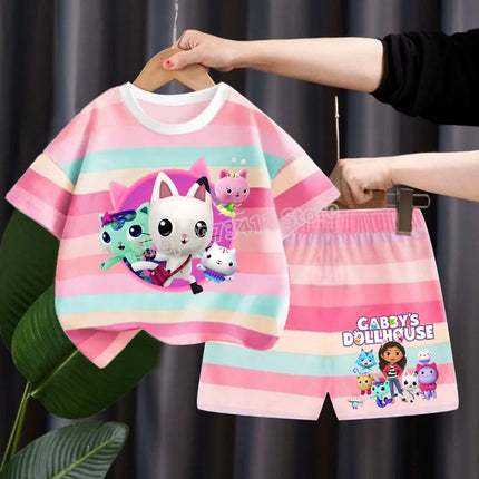 Gabby Dollhouse Children Summer Clothes Shorts Suit 2pcs Striped T-shirt Set Kid Tops Girl Tracksuits Outfits Boy Sport Tee Gift