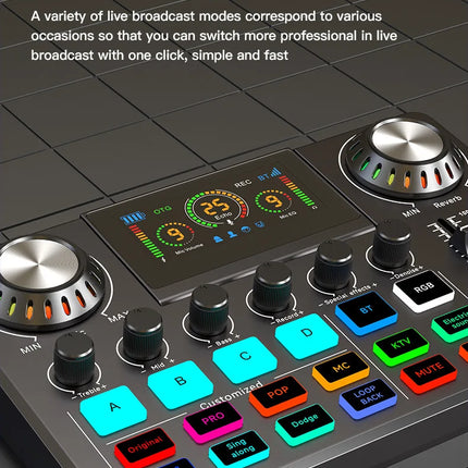 Audio Mixer, Live Sound Card with DJ Mixer Effects & Voice Changer, Sound Board with RGB, Music Recording Equipment