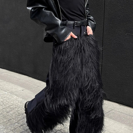 Mauroicardi Autumn Winter Long Black Thick Warm Hairy Shaggy Faux Fur Wide Leg Pants for Mens Luxury Designer Clothes Streetwear