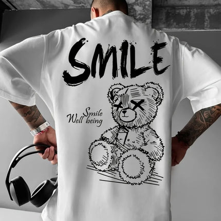 Trendy summer new men's personalized teddy bear print micro-elastic comfortable breathable crew neck T-shirt outdoor urban top