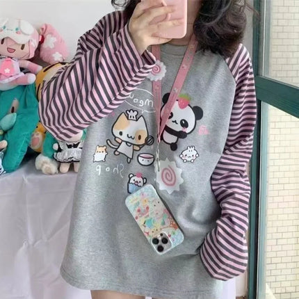 Japan Kawaii Sweet Women T-Shirt O-Neck Stripe Patchwork Long Sleeve Cartoon Print Loose Pullover Casual Cute Top Youth Vitality