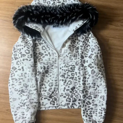 Y2K Streetwear Casual All-Season Fashion Sweatshirt Women's Leopard Print Faux Fur Hood Zipper Hoodie Cropped Oversized