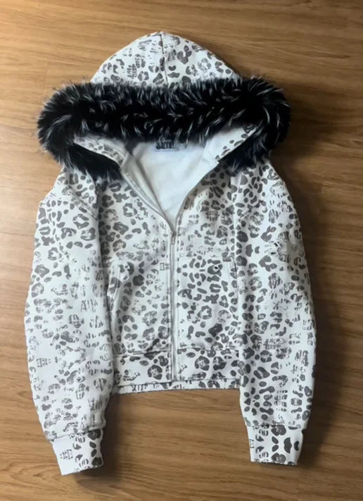 Y2K Streetwear Casual All-Season Fashion Sweatshirt Women's Leopard Print Faux Fur Hood Zipper Hoodie Cropped Oversized