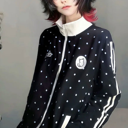 Cute Dot Sweet Sweatshirts Women Loose Cartoon Striped Kawaii Hoodies Japan Long Sleeve Stand Collar Preppy Style Outwear Tops