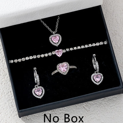 Charm Simple Cube Zirconia Love Design Pendant Necklace Ring Earrings Bracelet Set Banquet Jewelry
