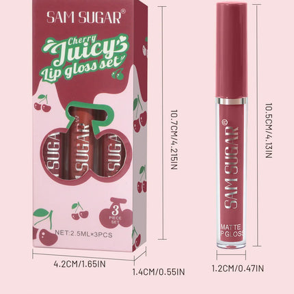 Fruit Cherry Strawberry Liquid Lipstick Makeup Kit Non Stick Cup Colorfast Long Lasting Velvet Matte Peach Lip Gloss Set 3pc/set