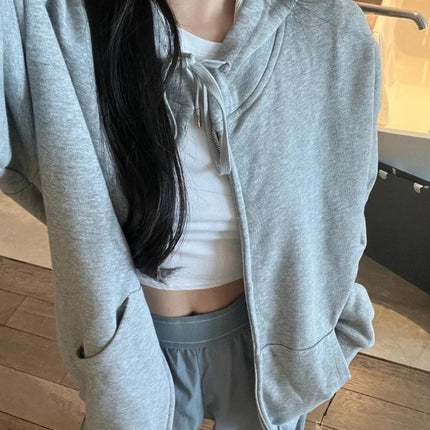 Black Sports Women's Coat Autumn New Cotton Zipper Sweatshirt Outerwear Grey Loose Casual Korean Fashion Classic Hoodies Jacket