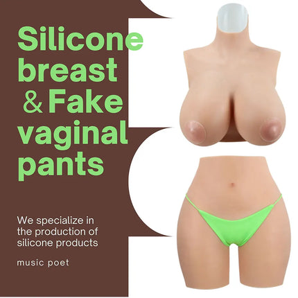 Cosplay Chest Silicone Breast Forms Huge Fake Boobs and Fake Vaginal Pants Set Sexy Buttocks 1.2cm Hip Enhancer Pant
