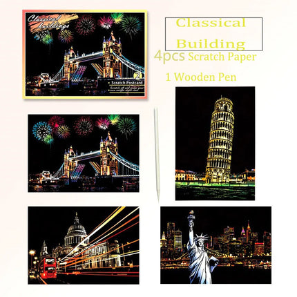20*14cm Scratch Rainbow Magic Painting Paper Toy World City Attractions Series For Children DIY Drawing Adult Decompression Gift