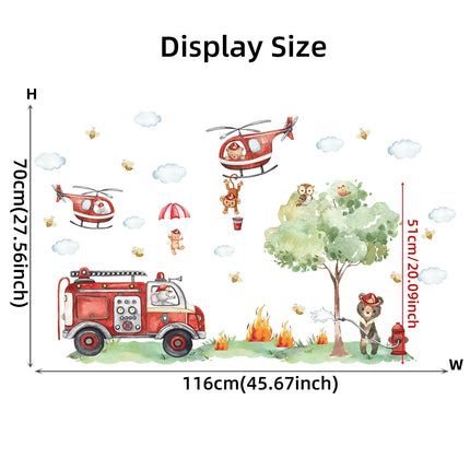 Cartoon A GrouCartoon Animal Fireman Helicopter Fire Truck Wall Stickers for Kids Room Bedroom Nursery Decoration Wall Decals