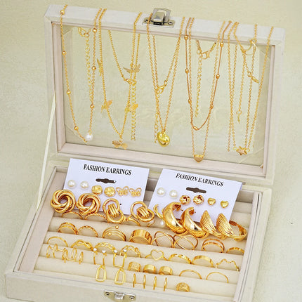 62-Piece Chic Jewelry Set for Women - Includes Earrings, Rings & Necklaces with Heart, Butterfly, Geometric Designs Jewelry Gift