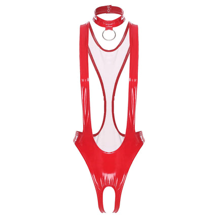 Womens Sexy Glossy Patent Leather Crotchless Bodysuit Monokini Sling Latex Catsuit Special Occasion Costume with Choker Necklace