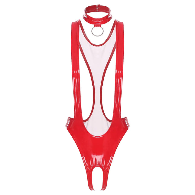 Women's Sexy Glossy Patent Leather Crotchless Bodysuit Monokini Sling Latex Catsuit Special Occasion Costume with Choker Necklace
