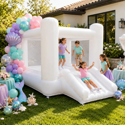 Large Family Size 12FT Inflatable White Bounce House Oxford Bouncy Castle with round Top And Wide Slide for Indoor Outdoor Parties Kids Adults Weddings Birthday Events
