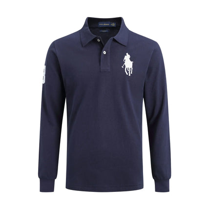 Long Sleeve Pure Cotton Polo Shirt Men's Embroidered Polo Neck T-Shirt Casual Spring Autumn British Style Loose Fit Solid Color