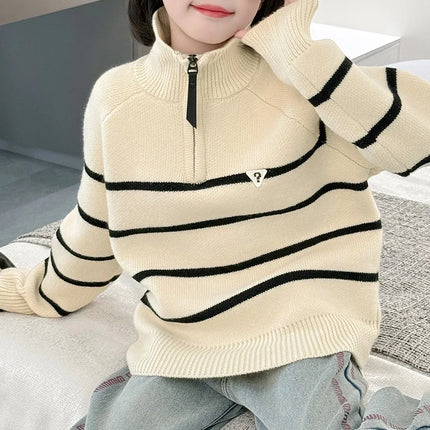 Kids New Design Striped Polo Sweater with Half Zipper For Teens Girl Turtleneck Knitwear Children Autumn Knitted Pullover Outfit