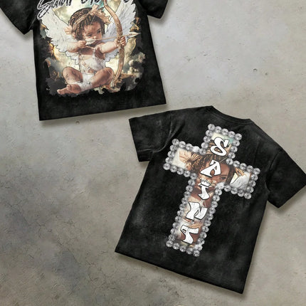 2026 Summer New Men's T-shirt with 3D Angel Pattern Print Street Casual Fashion Comfortable Soft Breathable Lightweight
