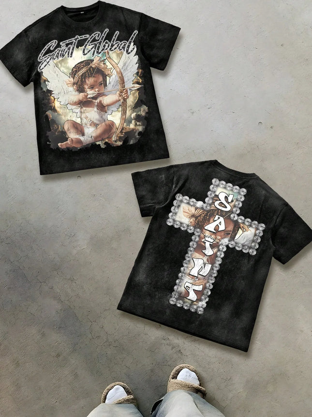 2026 Summer New Men's T-shirt with 3D Angel Pattern Print Street Casual Fashion Comfortable Soft Breathable Lightweight