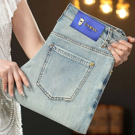 Summer thin 2025 new jeans men's slim fit small foot trendy brand fashionable light luxury elastic denim casual long pants