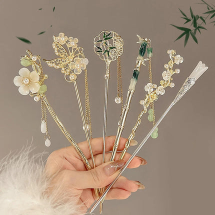 2023 New Vintage Chinese Women's Hair Stick Metal Glaze Flowers Hair Chopsticks Ladies Pearl Jewelry Hair Sticks Accessories