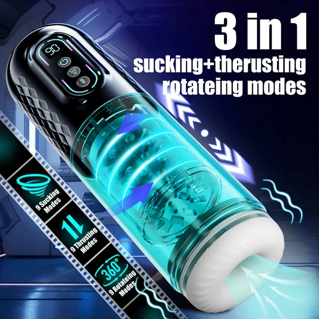 3 IN 1 Automatic Telescopic Male Masturbator Cup Powerful 9 Sucking Thrusting Rotation Modes Masturbation Adult Sex Toy for Men