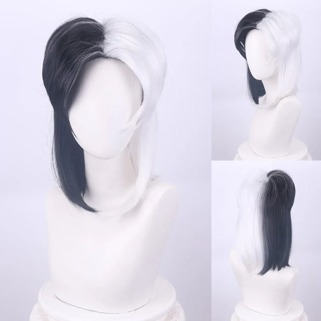 Cosplay Halloween Party Wigs CRUELLA Deville De Vil Black White With Bangs Short Bob Hair for Women Heat-Resistant Synthetic Wig
