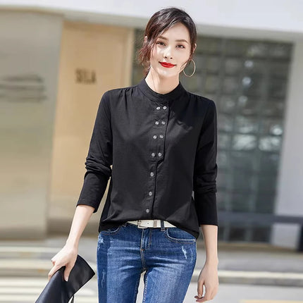 Stand up collar double breasted white long sleeved casual top for spring and autumn new style semi high collar basic top to wear
