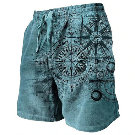 Men's Beach Shorts Compass Pattern 3D Retro Printed Shorts Men's Summer Breathable Drawstring Shorts Fitness Street Shorts