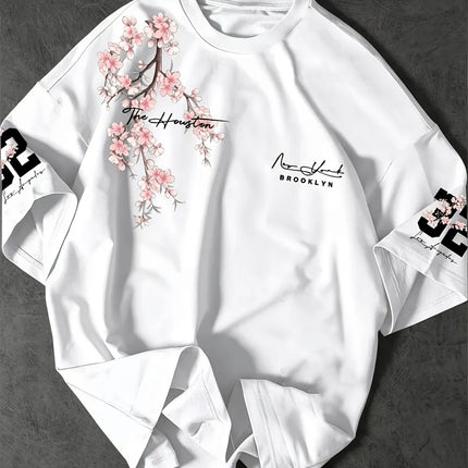 Hot selling summer men's Brooklyn cherry blossom letter print comfortable and breathable round neck T-shirt outdoor street top