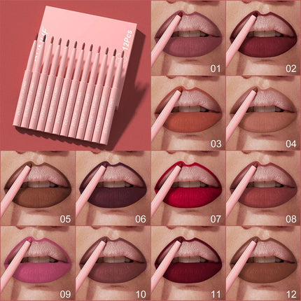 12-Pack Velvet Matte Lip Liner Pens Easy Coloring Lip Outline Pen Long-lasting Moisturizing Lip Makeup Women's Beauty Tools
