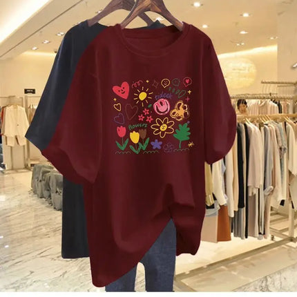 Women Clothing Chic Hand-painted Printing Basic T-shirt Summer Fashion Pure Cotton Round Neck Short Sleeve Tees Casual Loose Top