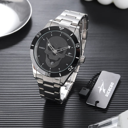 Skull patterned quartz watch, stainless steel strap+dial ring, with calendar display function, personalized and trendy design, s