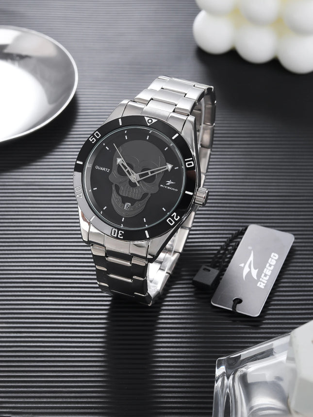 Skull patterned quartz watch, stainless steel strap+dial ring, with calendar display function, personalized and trendy design, s