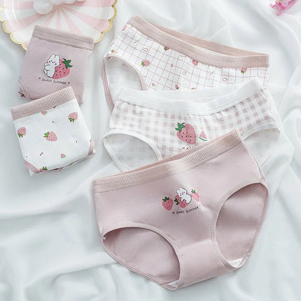 5 PCS Kids Girls Strawberry Print Panties Soft Cotton Antibacterial Briefs For 3-16 Years Children Baby Breathable Underwear
