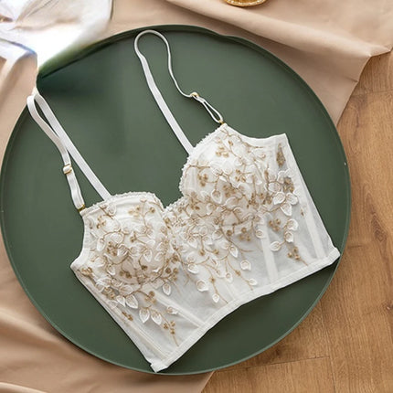 Three-Dimensional Embroidered Bra Sexy Lace Fishbone Corset Widened Breastplate With Steel Ring 1/2 Half Cup Bralette Underwear