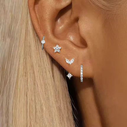 4PCS Fashion Zircon Round Hoop Earring Set Women Temperament Flower Ear Stud Huggie Earring Tragus Piercing Cartilage Jewelry