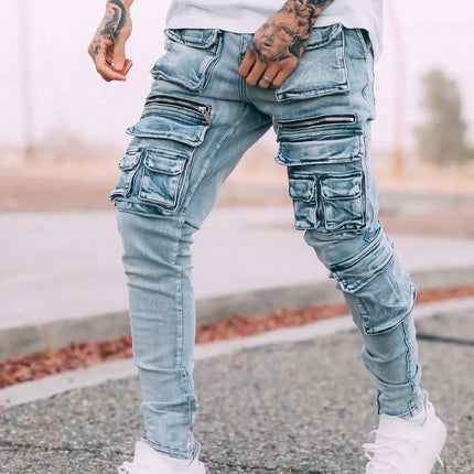Men’s streetwear, multi pocket vehicle, snug, stretchy, light-colored jeans.