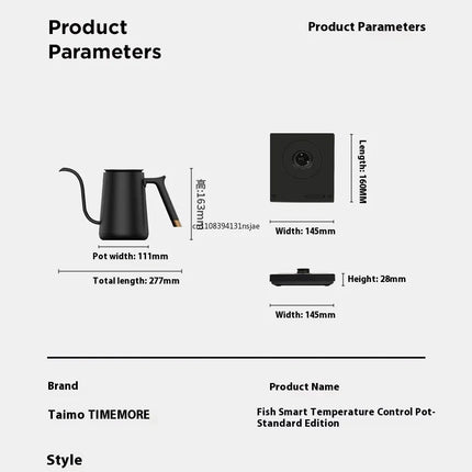 2026 Timemore Fish Smart Electric Pour Over Kettle 600ml 220v Fine Mouth Temperature Control Customize Hand Brew Coffee Pot