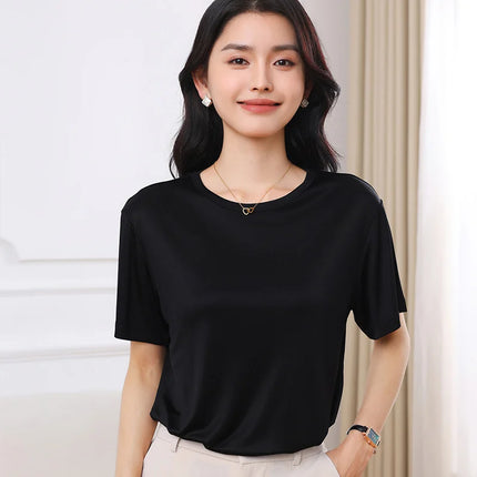Summer Women's Short Sleeve O-Neck T-Shirt Knitted Acetate Fabric High-End Thin Pullover Top for Ladies
