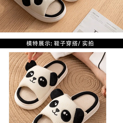 Home Slippers Panda Cat Women Summer Cute Linen Couples Indoor House Non-Slip Thick Funny Sandals Cartoon Kawaii Shoes 2025 New