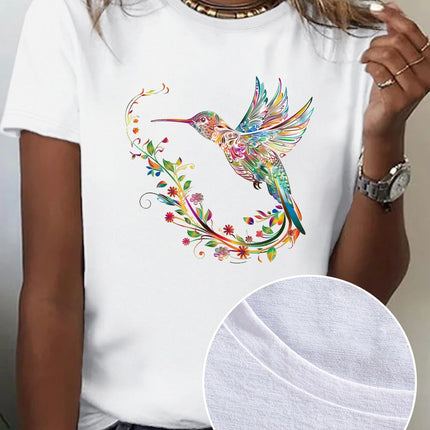 Hummingbird print short-sleeved T-shirt spring and summer casual crew neck top women's clothing women clothing