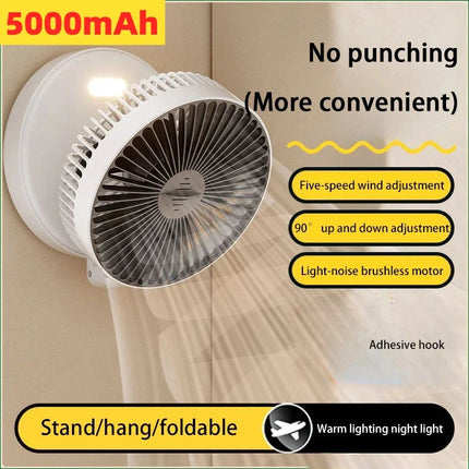 5000mAh 3IN1 Rechargeable Multifunctional Portable Fan Wall Mounted Fan 90° Folding Fan 4 Gears With Warm Night Light New 2025