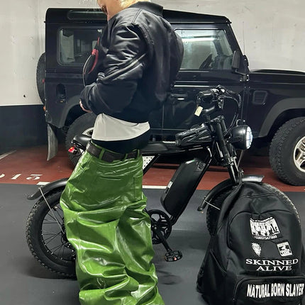 Mauroicardi Spring Autumn Cool Long Shiny Reflective Green Pu Leather Wide Leg Pants for Men Y2K Luxury Brands Original Clothes