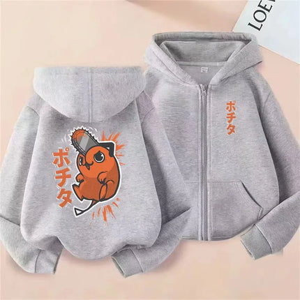 Anime Chainsaw Man Washed Retro Zipper Hoodie Cartoon Denji Pochita Funny Graphic Zip Up Jacket Men Women Manga Oversized Coat