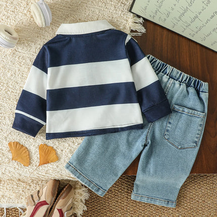 Four-Season Style Baby Boy Striped Polo Shirt + Denim Pants, Classic and Timeless Striped Design, Suitable for Everyday Wear and Outings